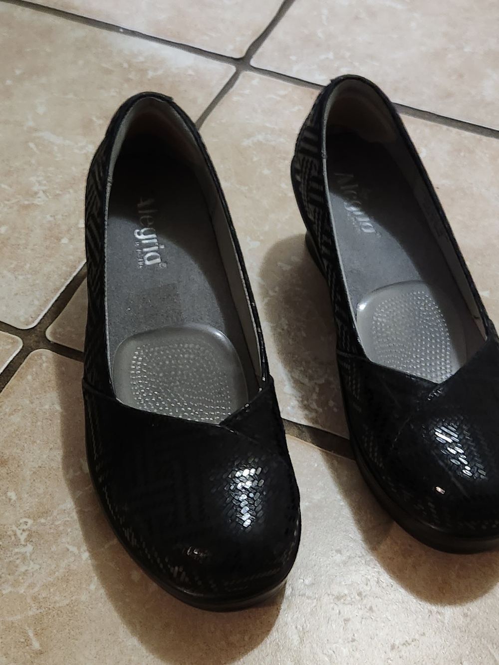 Alegria Black Wedge Slip-Ons with Subtle Pattern
